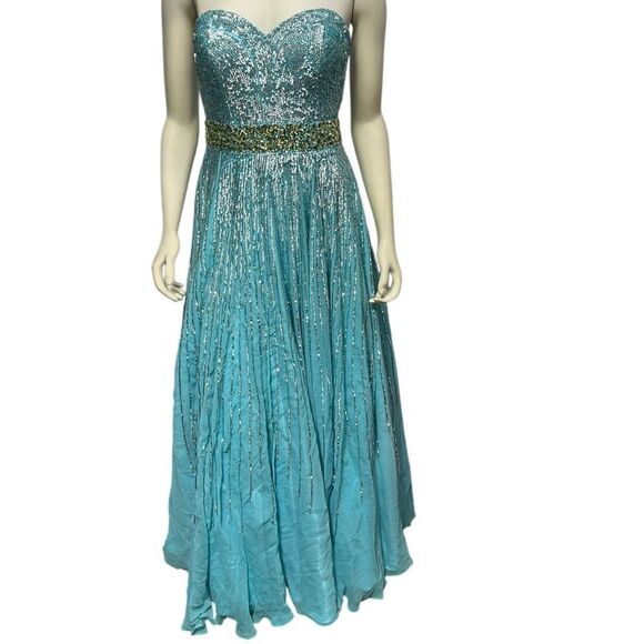 Sherri Hill 100% Silk Light Blue Gown with Sequins Strapless Prom Dress Size 8 - Picture 4 of 15